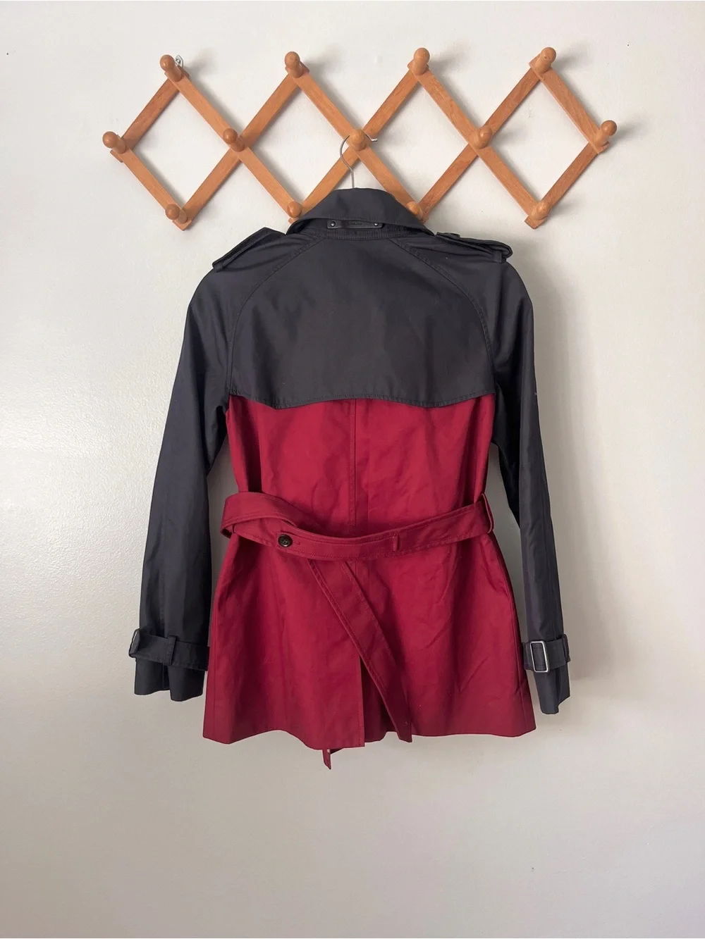 Coach Womens Colorblock Trench Coat Navy Burgundy Red Tan $450 Belted Jacket‎ XS